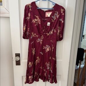 Anthropologie Wine Dress with Floral Accents